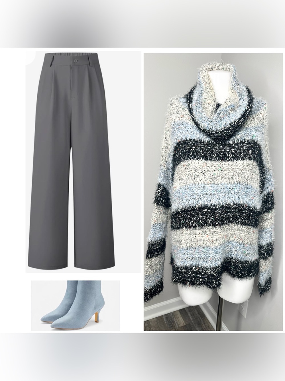 AKIRA Striped Fuzzy Cowl Neck Sweater - Light Blue, Black & Grey -M
